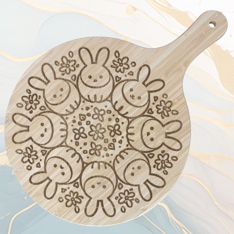 Cercle de Lapins Planche à Pizza en Bambou Ø31 cm avec Poignée et Cordelette en Jute à personnaliser