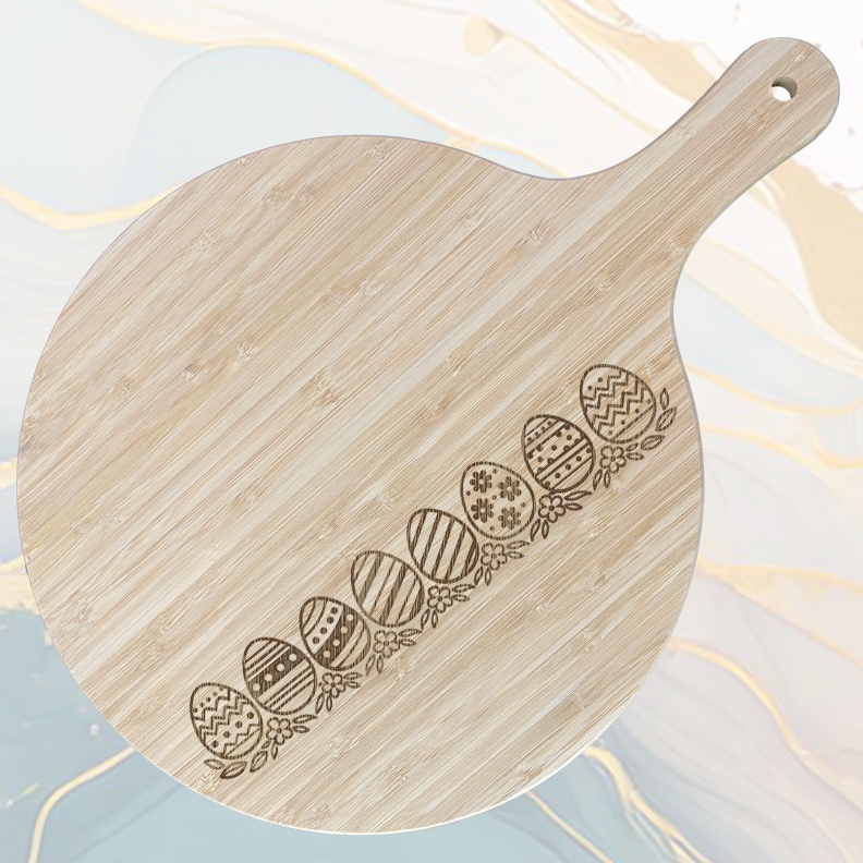 Ligne d'Œufs de Pâques Planche à Pizza en Bambou Ø31 cm avec Poignée et Cordelette en Jute à personnaliser