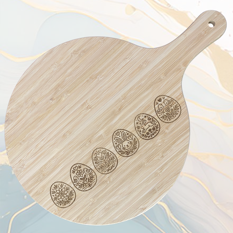 Ligne d'Œufs de Pâques Planche à Pizza en Bambou Ø31 cm avec Poignée et Cordelette en Jute à personnaliser