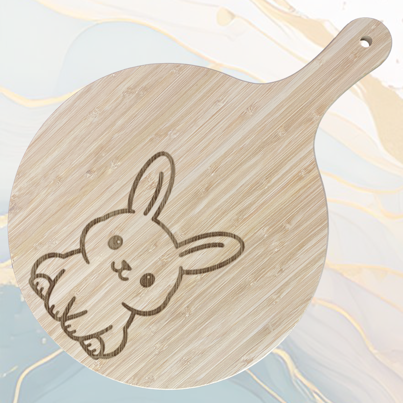 Lapin Mignon Planche à Pizza en Bambou Ø31 cm avec Poignée et Cordelette en Jute à personnaliser