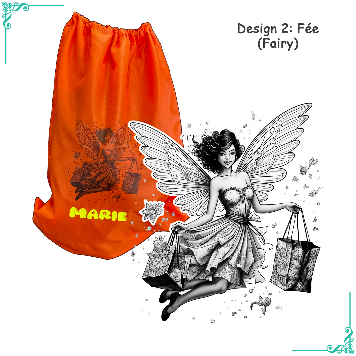 Sac à cordon personnalisé avec design et nom phosphorescent