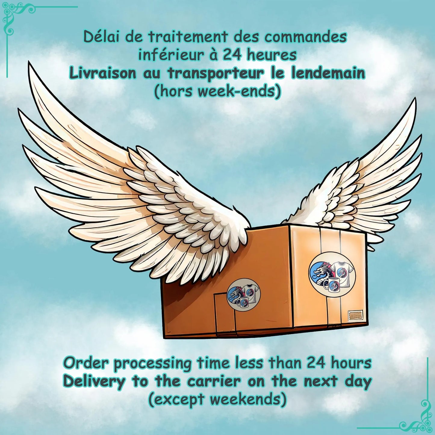 Illustration d'un colis marron avec des ailes blanches, symbolisant une expédition rapide. Le texte indique : 'Délai de traitement des commandes inférieur à 24 heures. Livraison au transporteur le lendemain (hors week-ends).' Fond bleu avec des nuages.