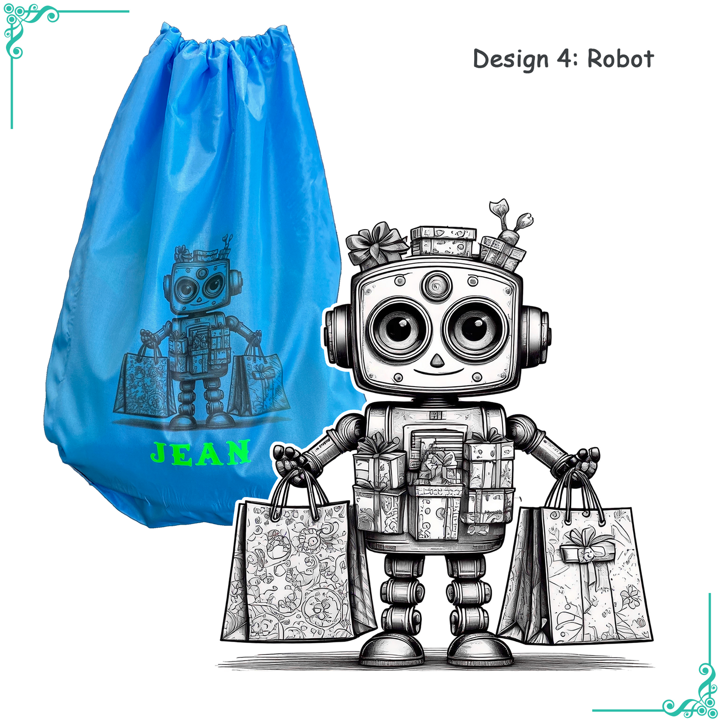 Sac à cordon personnalisé avec design et nom phosphorescent