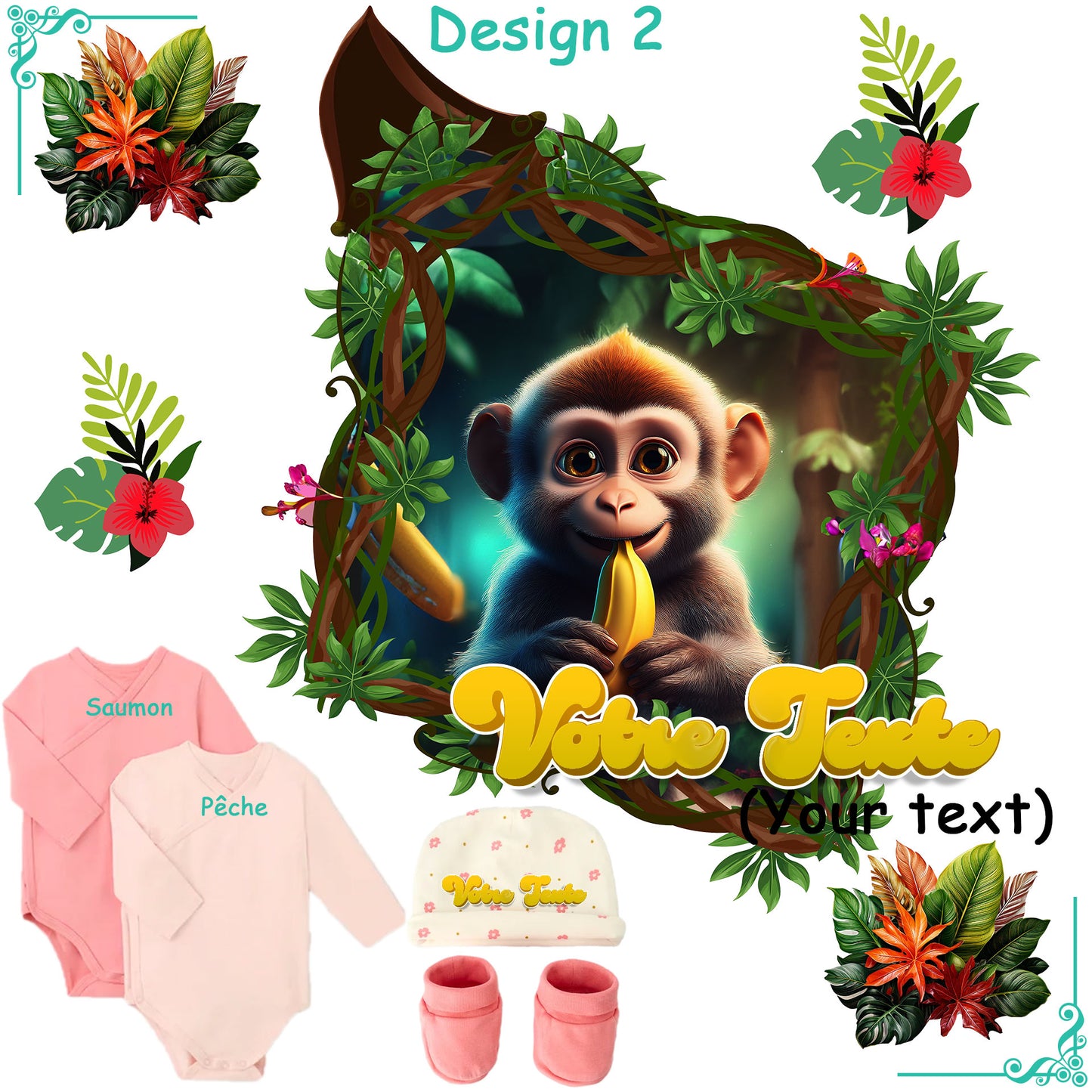 Ensemble Naissance Personnalisé – Body, Bonnet et Chaussettes | Thème Jungle avec Prénom Bébé