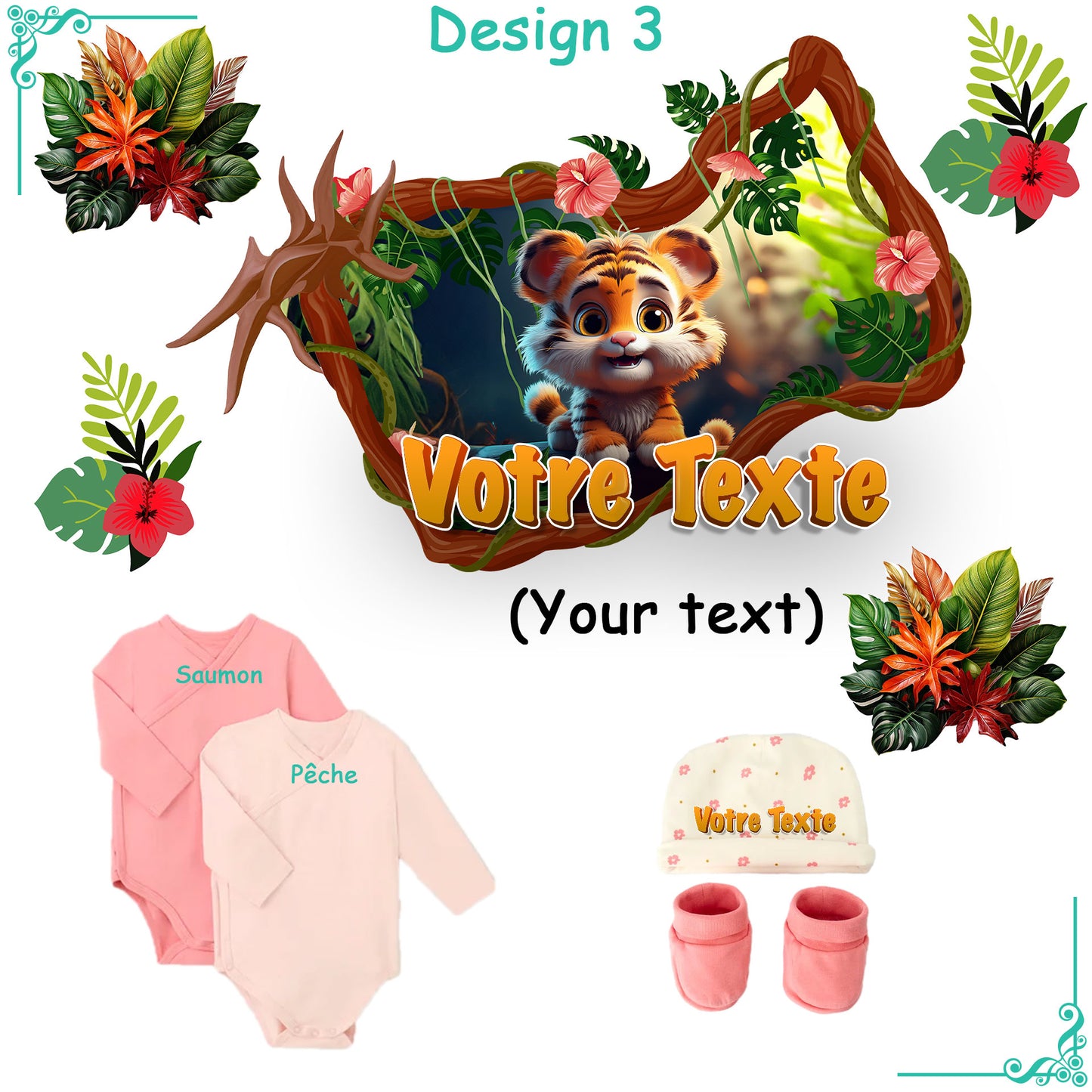 Ensemble Naissance Personnalisé – Body, Bonnet et Chaussettes | Thème Jungle avec Prénom Bébé